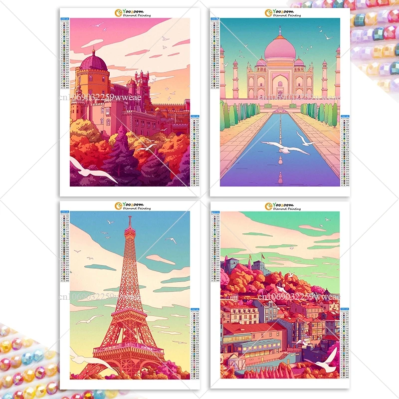 5D DIY Colorful Cartoon Diamond Painting Set Eiffel Tower Cross Embroidered Street House Mosaic Art Home Wall Decoration Gift