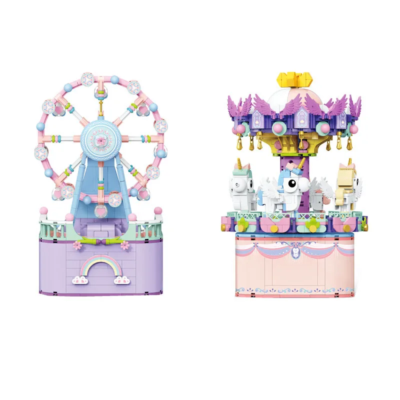 

Amusement Park Mini Block Music Box Merry-go-round Carousel Ferris Wheel Building Bricks Assemble Model Toys For Kids Gifts