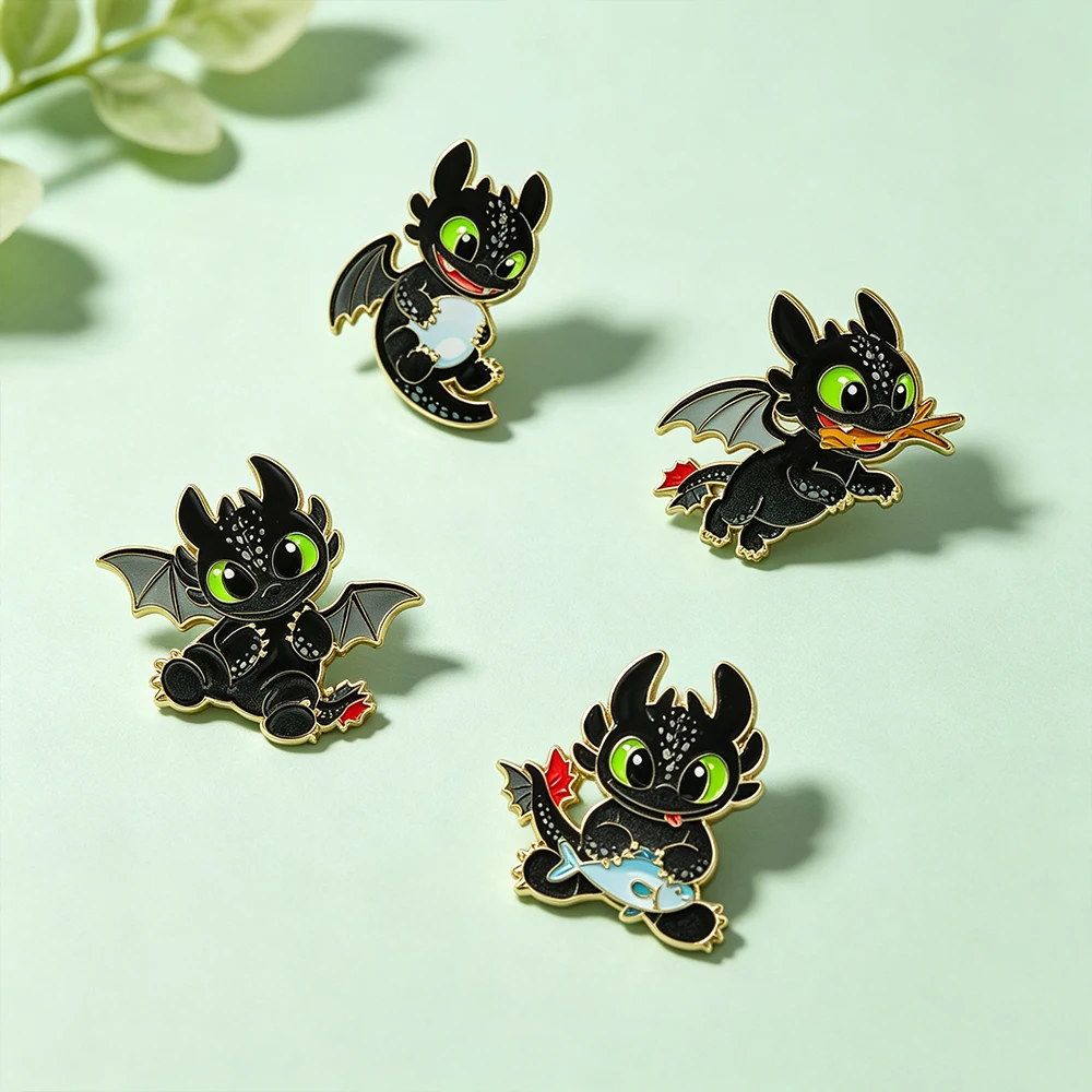 4Pcs Cute Black Dragon Lapel Brooches Set Fantasy Creature Decorative Pins for Backpack Collectible Jewelry Gift for Fans