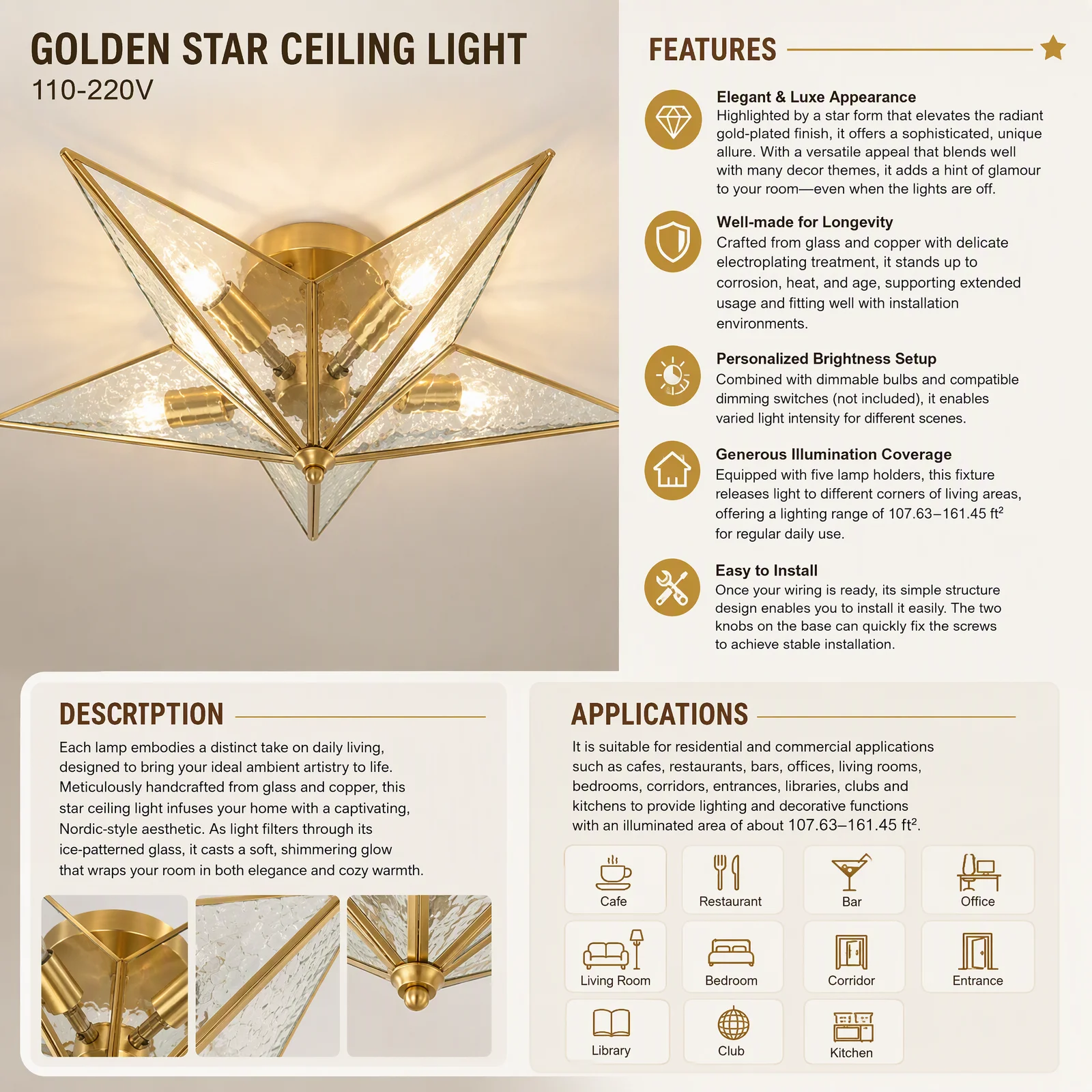 Modern Gold Star Ceiling Light 5-Light Glass Copper Fixture with Ice Pattern Shade Dimmable Nordic Ceiling Lamp for Living Room Bedroom Kitchen Cafe E14