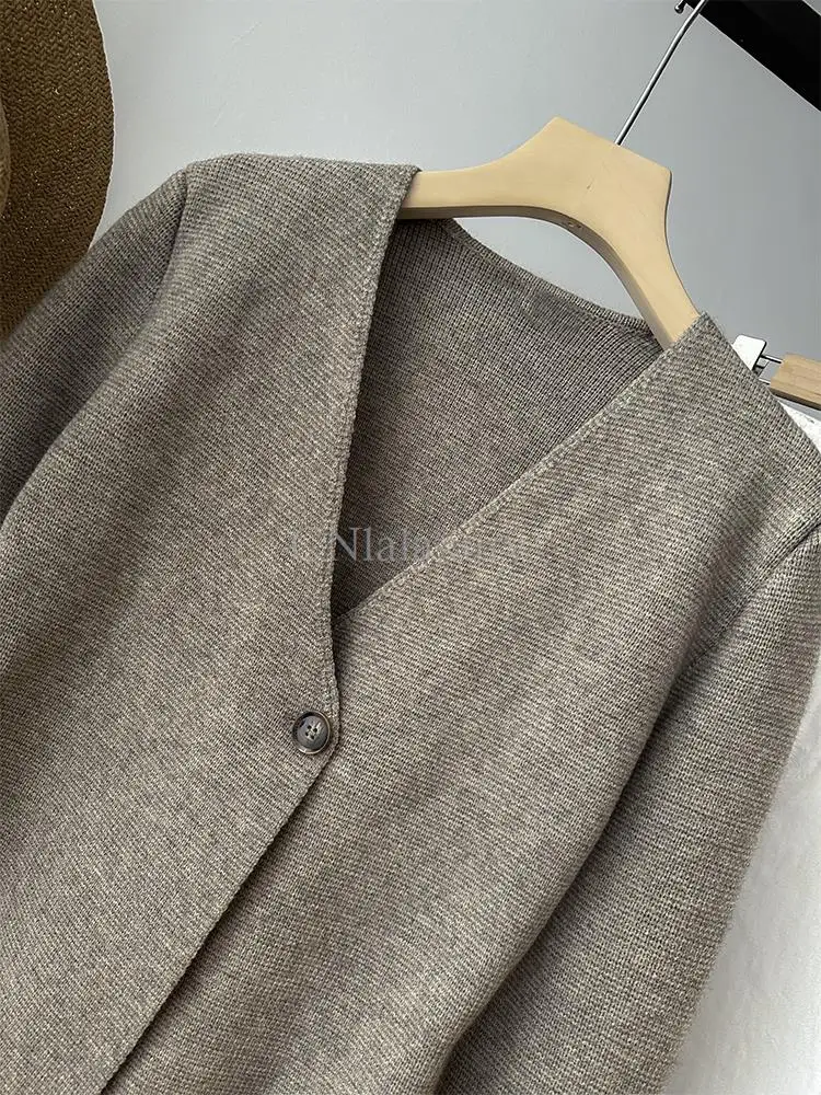 CNlalaxury 2023 Autumn Winter Women New Solid Color Cardigan Sweater Simplicity Versatile Fashion Button V-neck Loose Tops Coat