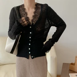 Black Lace Women Sweater Korean Elegant Knitted Slim Female Casual Cardigan Autumn Retro Patchwork V Neck Ladies Crop Tops