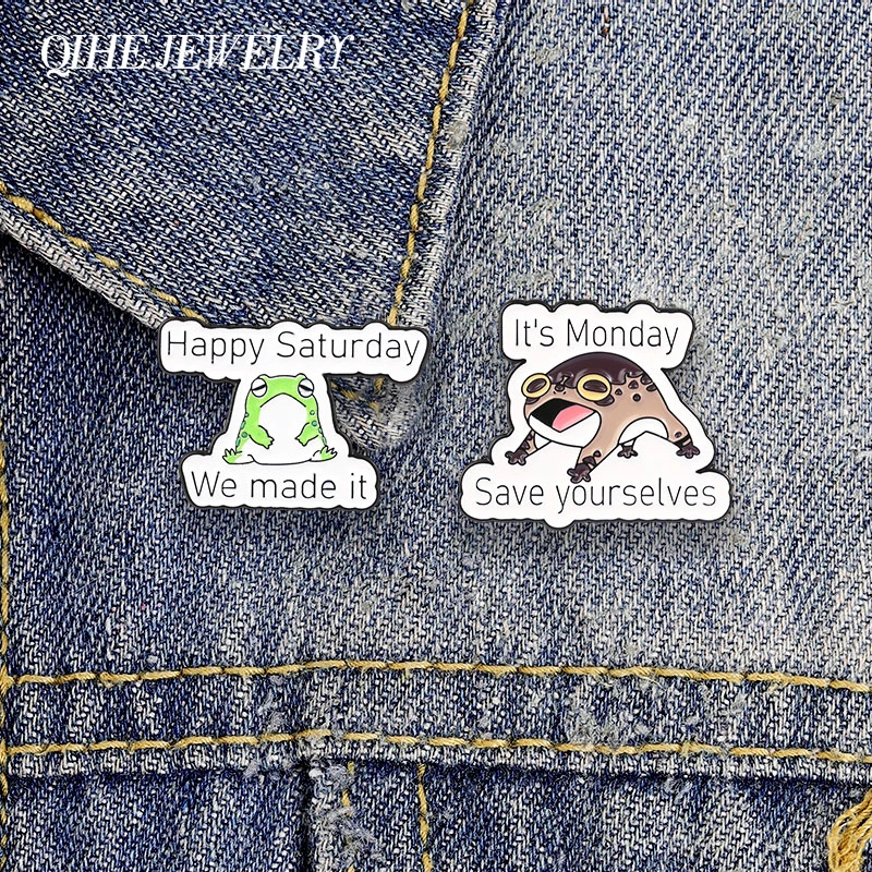 Monday Save Yourselves Happy Saturday Badge Cartoon Toad Frog Working Week Enamel Pin Funny Office Humor Frog Brooch Jewelry Pin
