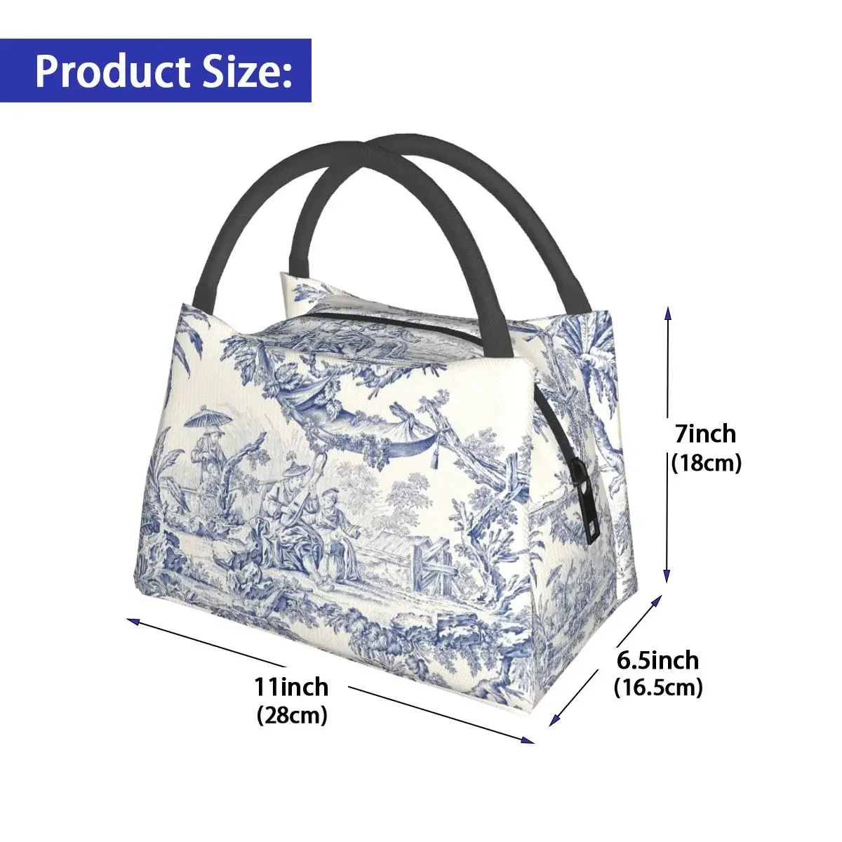 Toile De Jouy Navy Blue Motif Pattern Lunch Bag Vintage Retro Lunch Box For Child Office Cooler Bag Graphic Thermal Lunch Bags