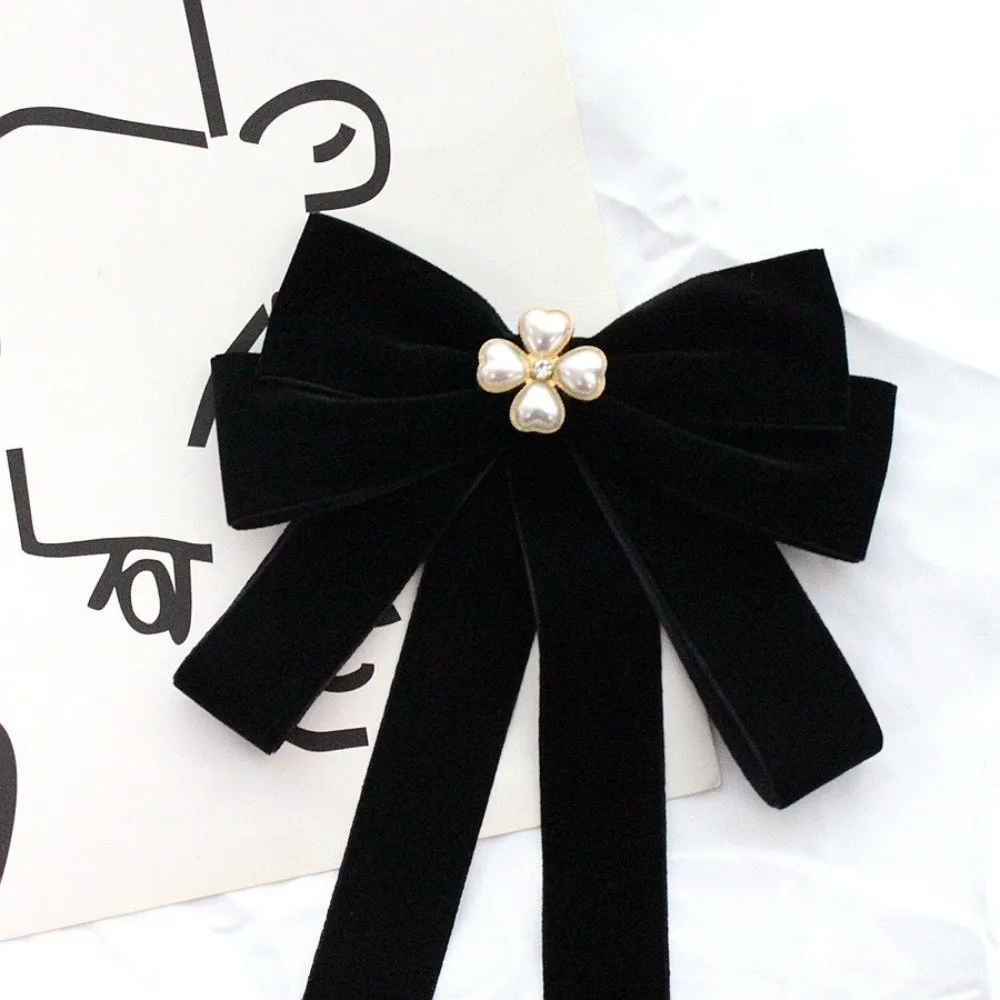Sparkling Velvet Black Ribbon Pin Rhinestones Pearl Black Bow Necktie Pin Beads Ribbon Badge Brooch Men