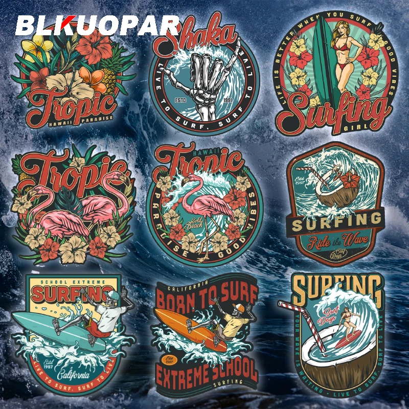 Blkuopar 13cm surf sexy feminino flamingo piloto pegar onda verão esqueleto sinal ícone adesivo de carro capacete da motocicleta decoração