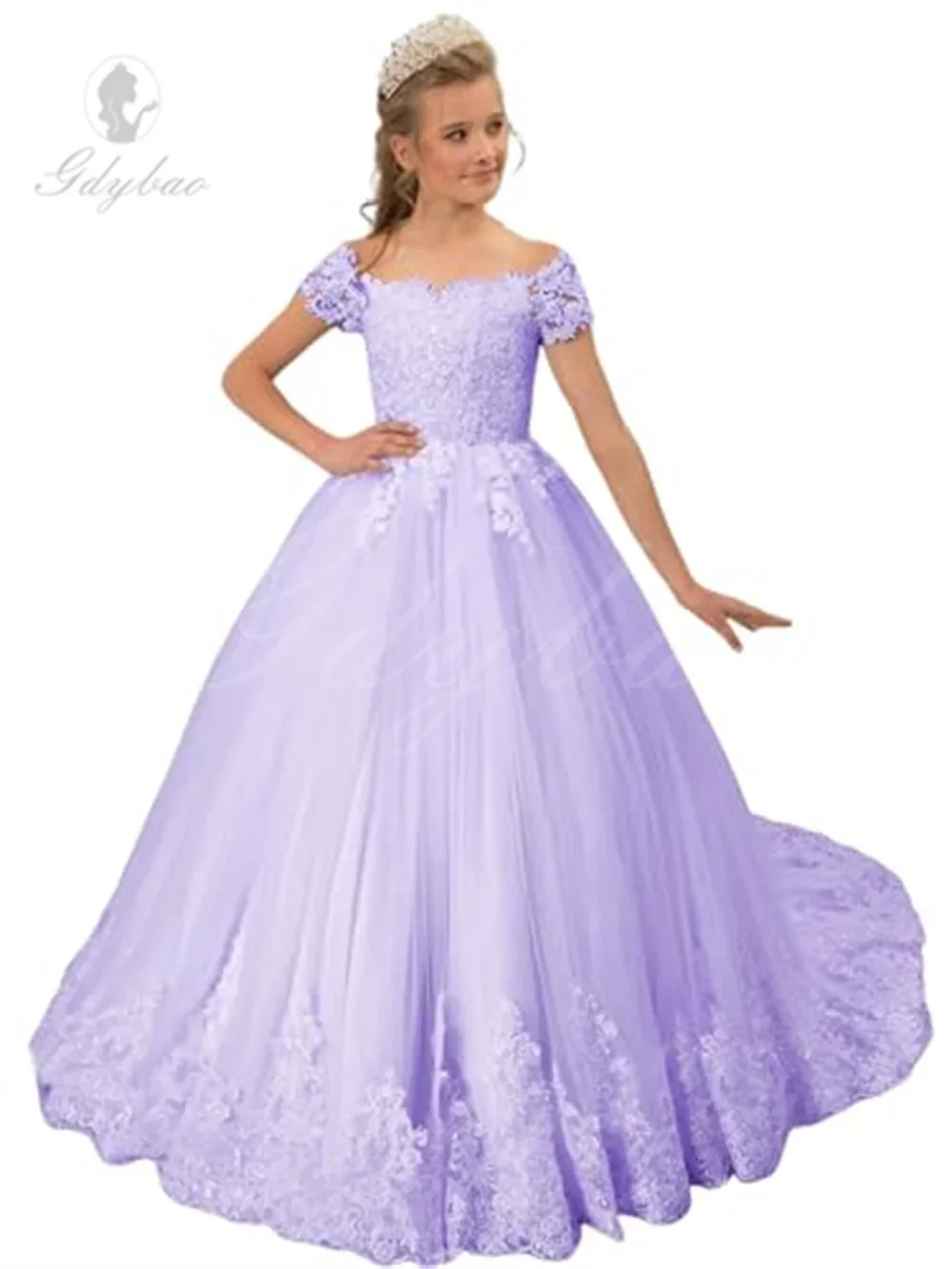 

Fashionbride Girl's Off Shoulder Flower Girl Dress Lace Applique Tulle Pageant Dress Princess Kids Wedding Party Ball Gowns