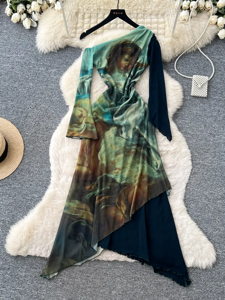 Retro Unique Oil Painting Print Tie Dye Asymmetrical Shoulder Dress Women Long Sleeve Slim Split Elegant Vibe Long Dress Woman