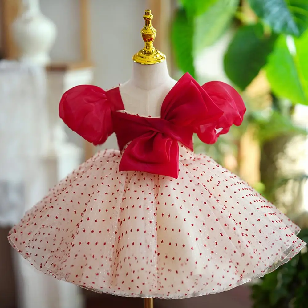 

2024 Spotted Puffy Princess Dress Big Bow Girl's Ceremonial Clothing Birthday Party Evening Dresses Adorable Vestidos for Girls