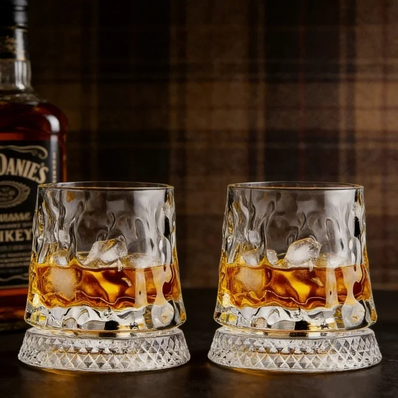 2PCS Whiskey Glasses Rotating Whisky Glass With Glass Base 360 Rotate Degrees Crystal Rum Glass For Cocktail Party Drinking Gift