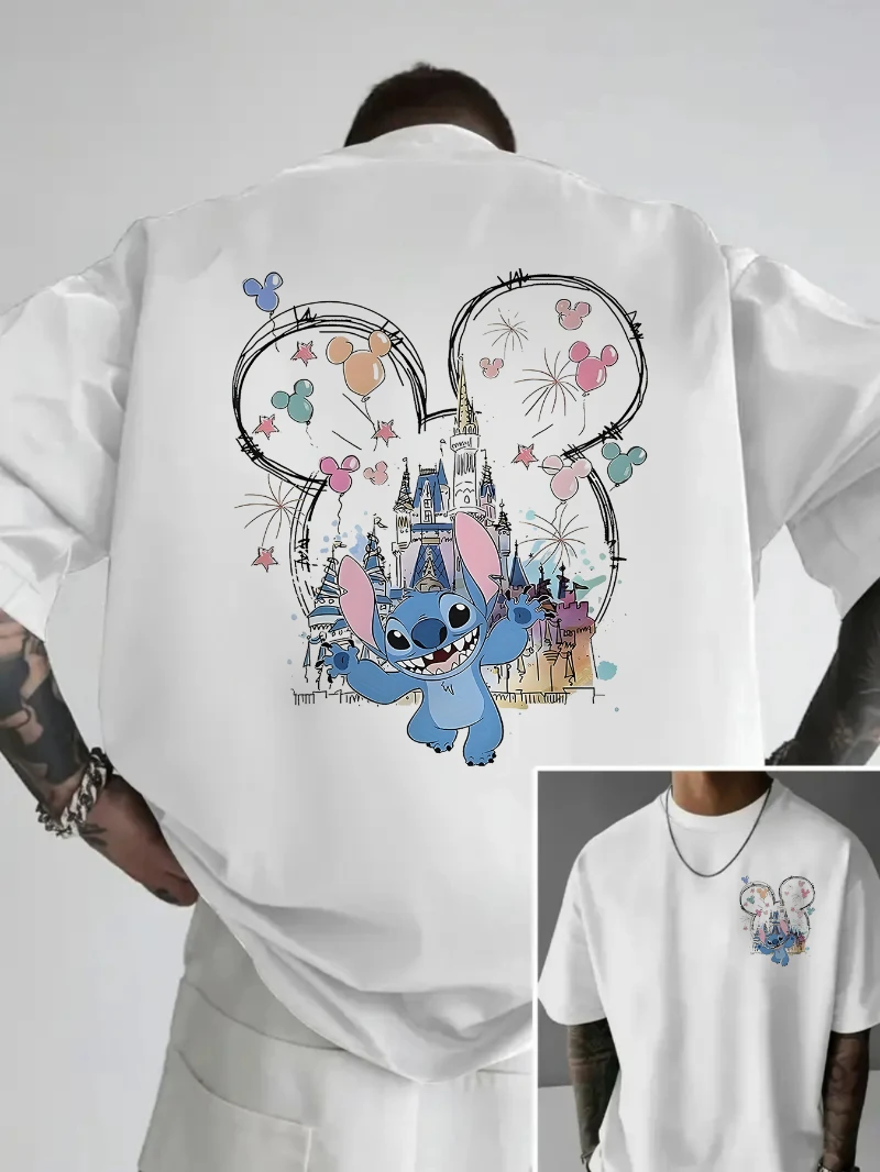 

Men's Retro Magic Castle and Fireworks Pattern Double-sided Printing Casual Pure Cotton Loose Top Summer T-shirt Fun Printed Top