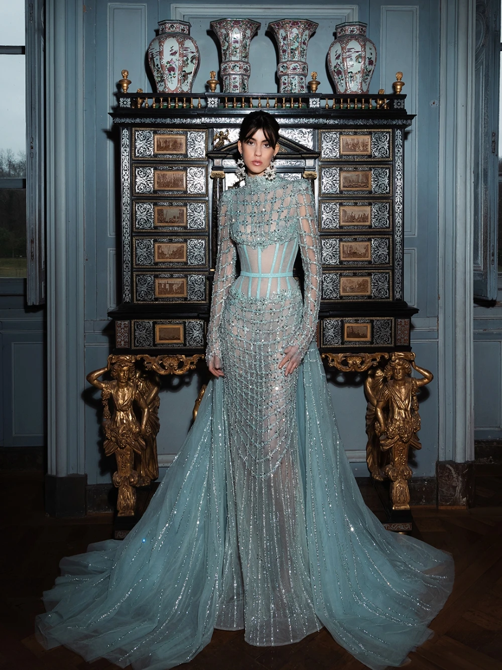 Luxury Dusty Blue Illusion Tulle Evening Gown High Neck Long Sleeves Beaded Sequined Mermaid Train Formal Couture Prom Dress