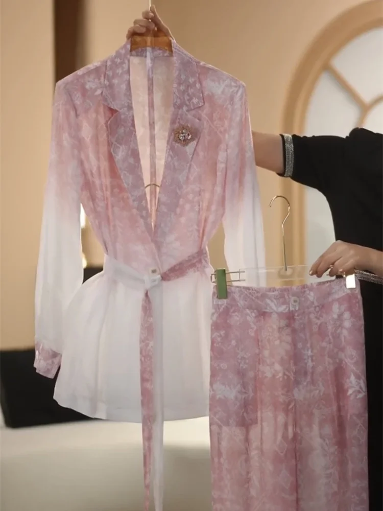 2025 Estate Nuovo Set completo professionale Donna Cappotto dimagrante rosa sfumato di alta qualità + Pantaloni casual a gamba larga Set da pendolare