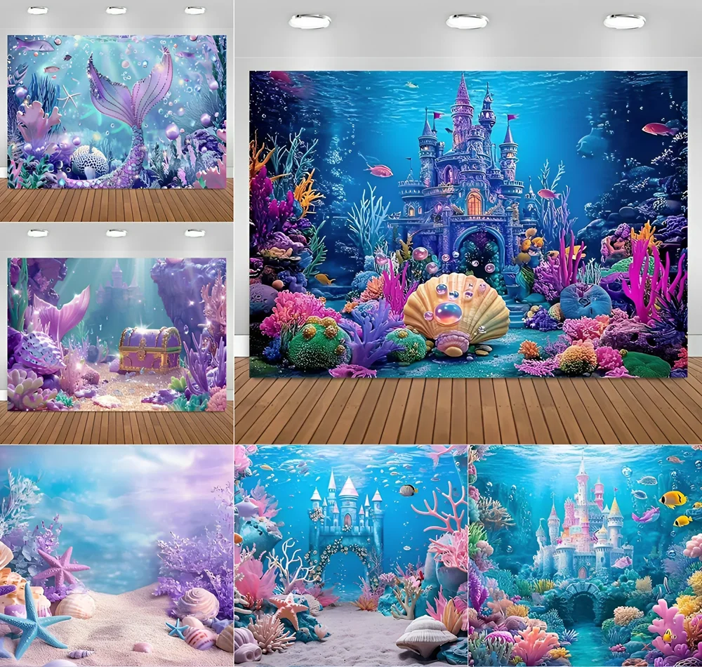 Mermaid Underwater Castle Backdrop Photography Undersea Coral Sea World Photo Background Girls Birthday Party Decor Booth Props