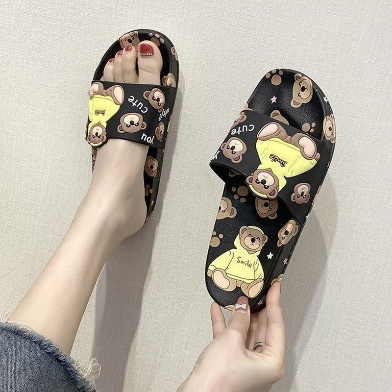 Comemore Women Slippers Open Toe Cute Cartoon Bear Stylish Soft Comfort Non-Slip Bathroom Summer 2cm High Heels 2023 New Shoes