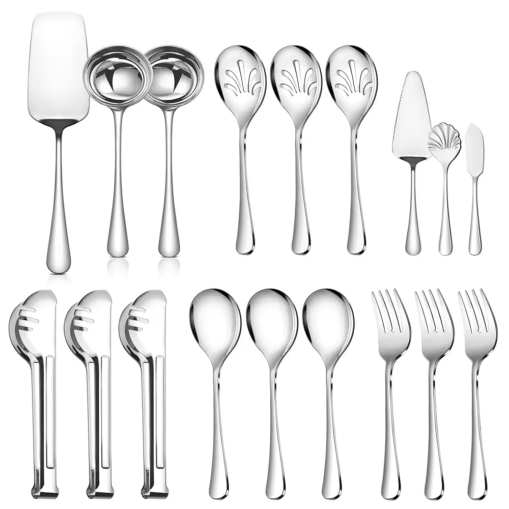 

18Pcs Silver Stainl Steel Large Serving Utensils Set,Include Serving Spoons/Forks/Tongs,Slotted Spoons,Soup Ladles,Butter