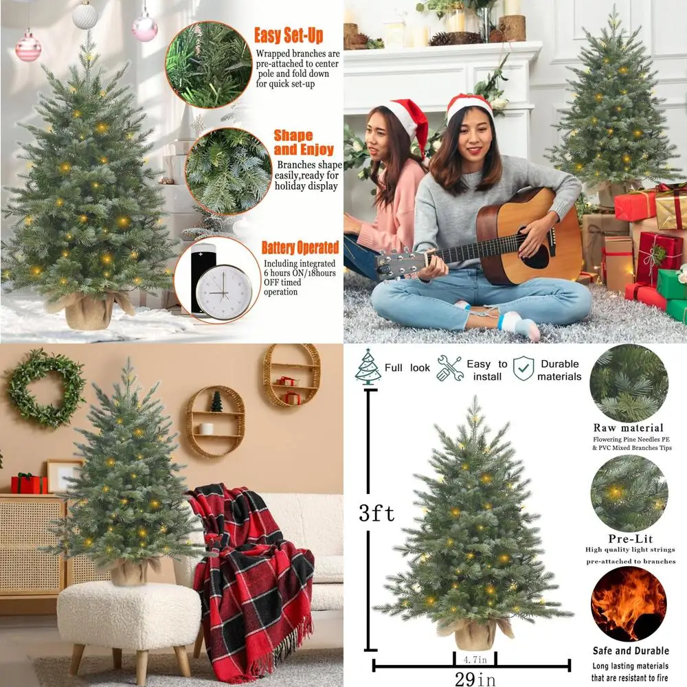 

3-Foot Battery-Powered Artificial Christmas Tree with 215 Mixed PE/PVC Tips, 70 LED Lights, and Burlap Base for Tabletop Use