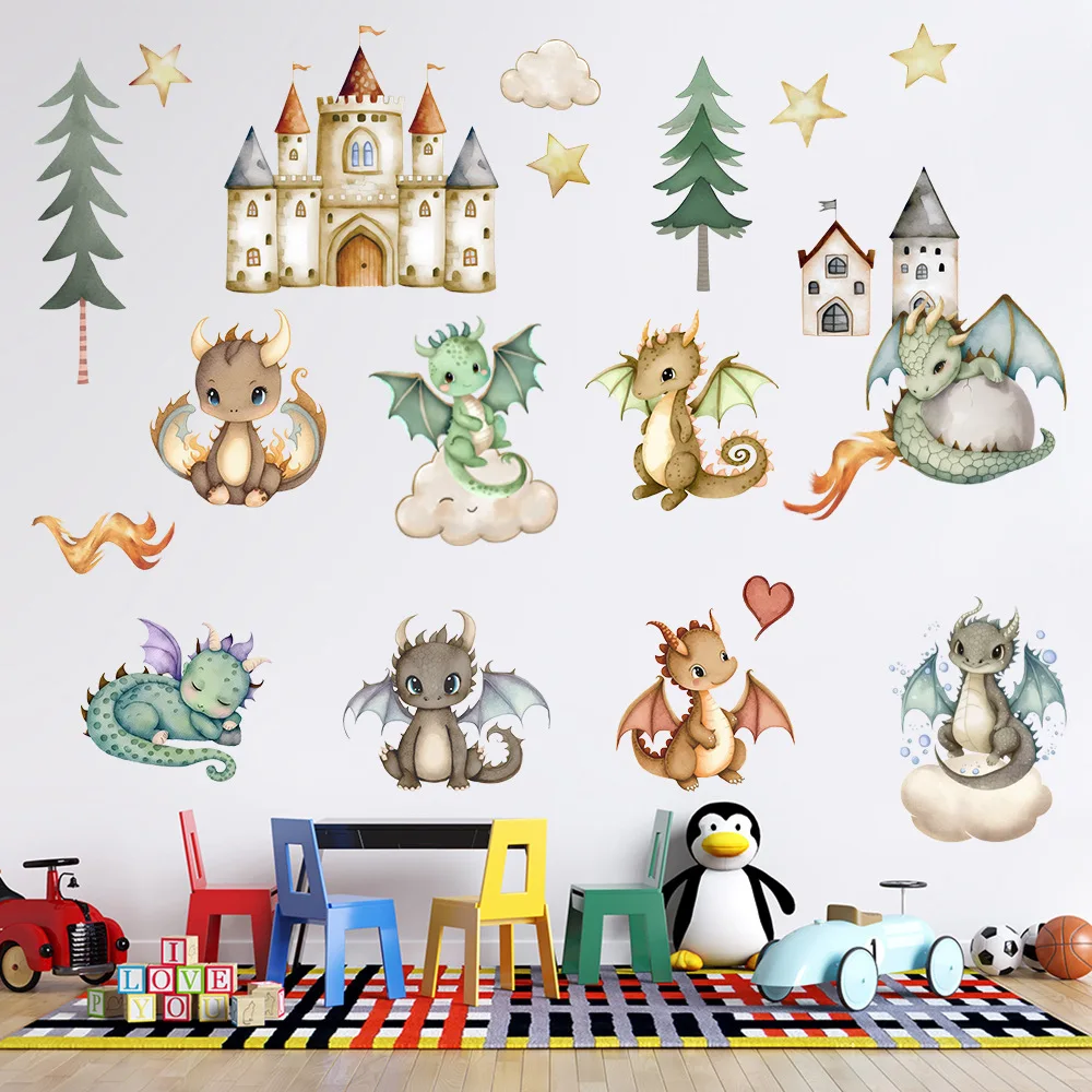 Dinosaur Castle Volcano Wall Stickers For Children's Room Kids Bedroom Baby Room Decor Removable Nursery Classroom Dino Decals