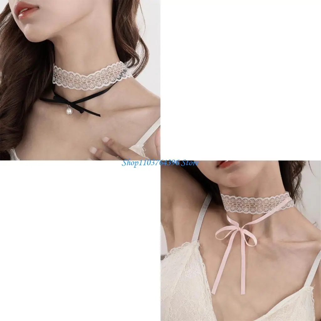  Fashionable Sturdy Lace Necklace Featuring Bowknot and Charm Pendant Jewelry Accessory for Modern Elegant Daily Use