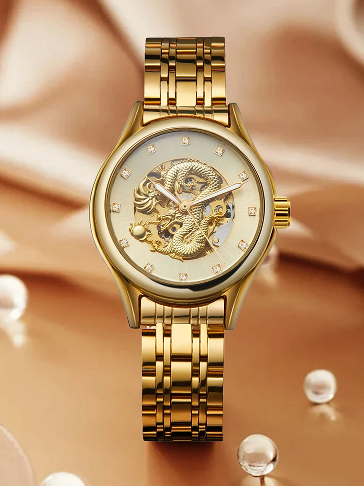 T-WINNER High-end Luxury Dragon Woman Watch Stainless Steel Skeleton Mechanical Diamond Women's Wrist Watches Automatic Movement