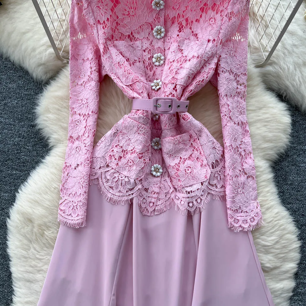 Chic vintage lace long sleeve rhinestone slim Elegant Fairy korean fashion Boho Sundress women clothing Long dress