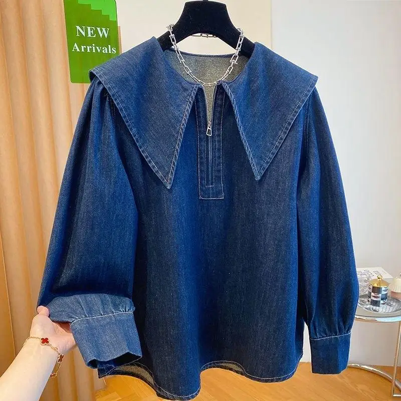 Korean Retro Women's Denim Shirt New Loose Casual Student Long Sleeved Tops Comfortable and Versatile Soft and Skin Friendly