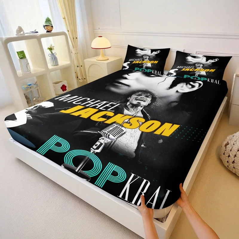 Michael Jackson Print Fitted Sheet Set Classic The King Of Pop Collage Bed Sheet Set Retro Elastic Deep Pocket Bed Linen Decor