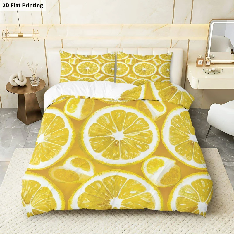 

3PCS Duvet Cover 1 Duvet + 2 Pillowcases(without Filler) Lemon Fresh Minimalist Bright Yellow Theme Fruit Pattern Summer Bedding