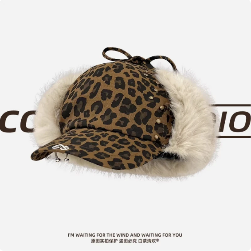 

Нишевые американские плюшевые бейсболки с леопардовым принтом и кошачьими ушками, мужские и женские зимние теплые велосипедные наушники, шапки-бомберы