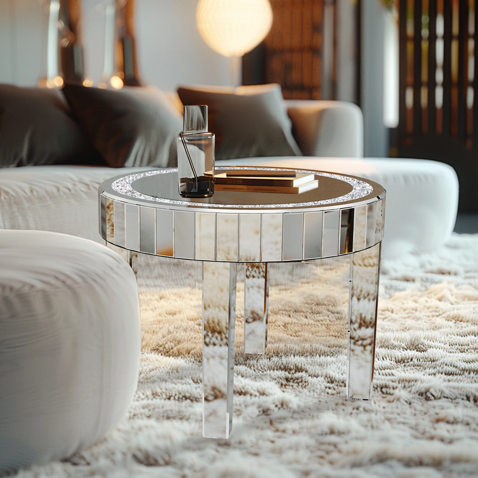 LUVODI Luxury Modern Round Mirrored Accent Side Table with Crystal Diamonds Inlay for Bedside Table