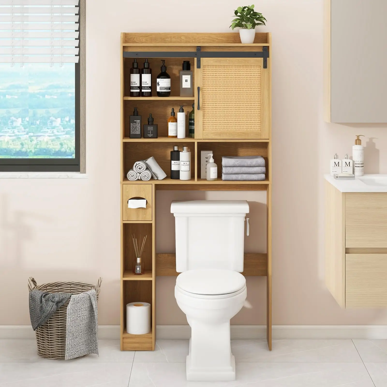 

Vabches Over the Toilet Storage Cabinet Rattan Bathroom Organizer with Sliding Door&Toilet Paper Holder Space Saver Toilet Rack