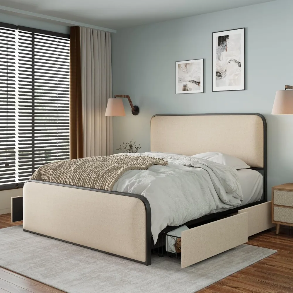 

Upholstered Platform Bed Queen Size with Headboard and Footboard Metal Bed Frame with Storage Drawers for Saving Space, Beige