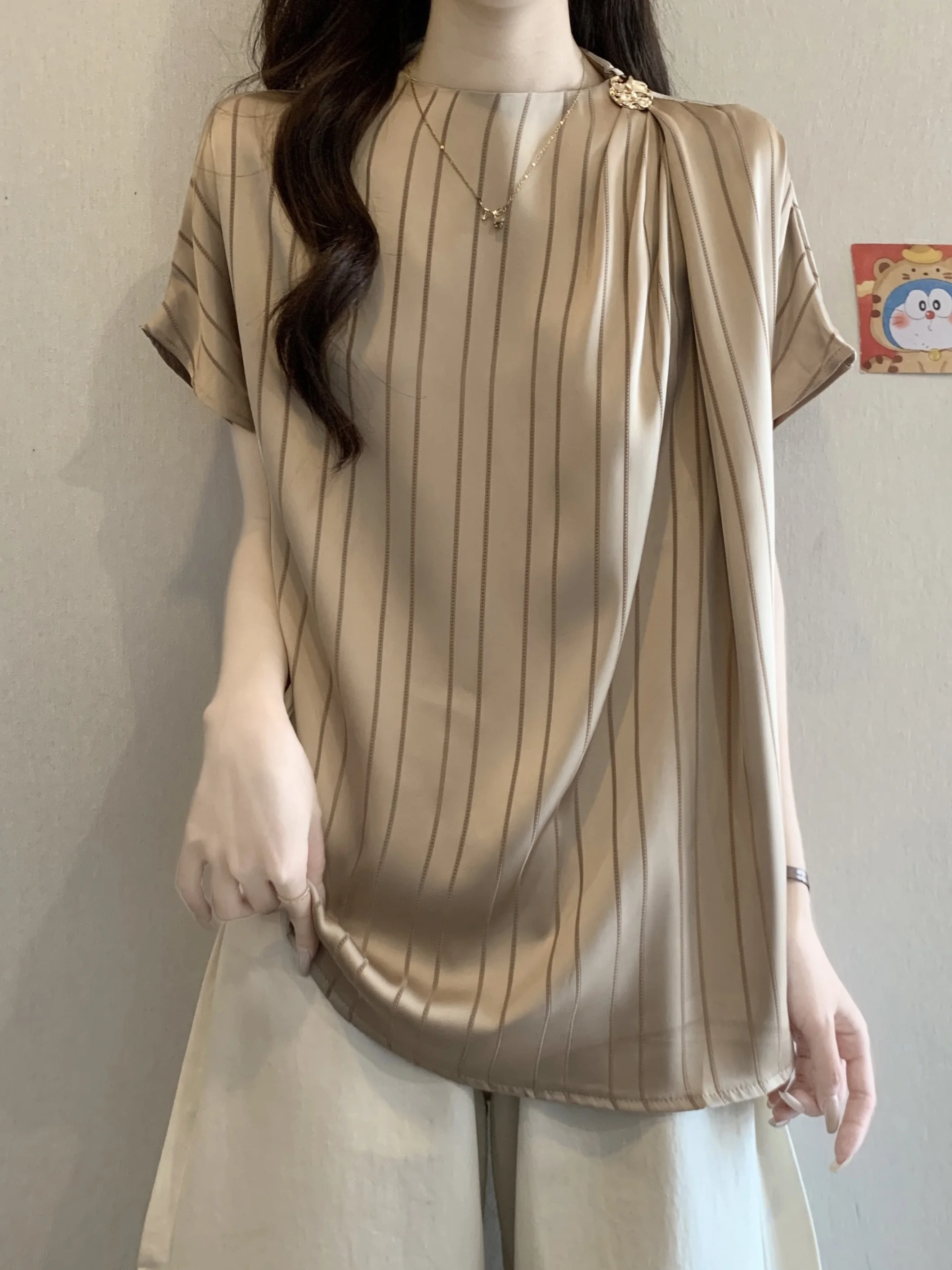 plus Size Silk Stripe Short Sleeve Shirt Summer 2026 Skin-friendly Breathable Korean Style Loose Fit round Neck Top for Women