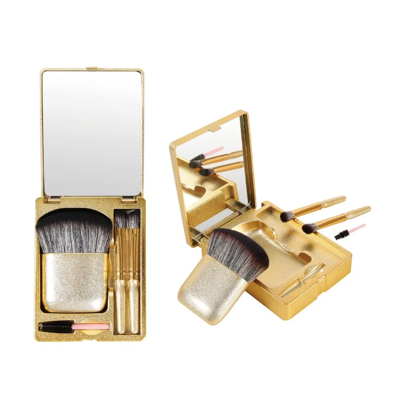4 STKS Mini Spiegel Box Reizen Make-up Borstel Kunstmatige Vezel Foundation Make-up Poeder Blusher Draagbare Oogmake-up Borstelset