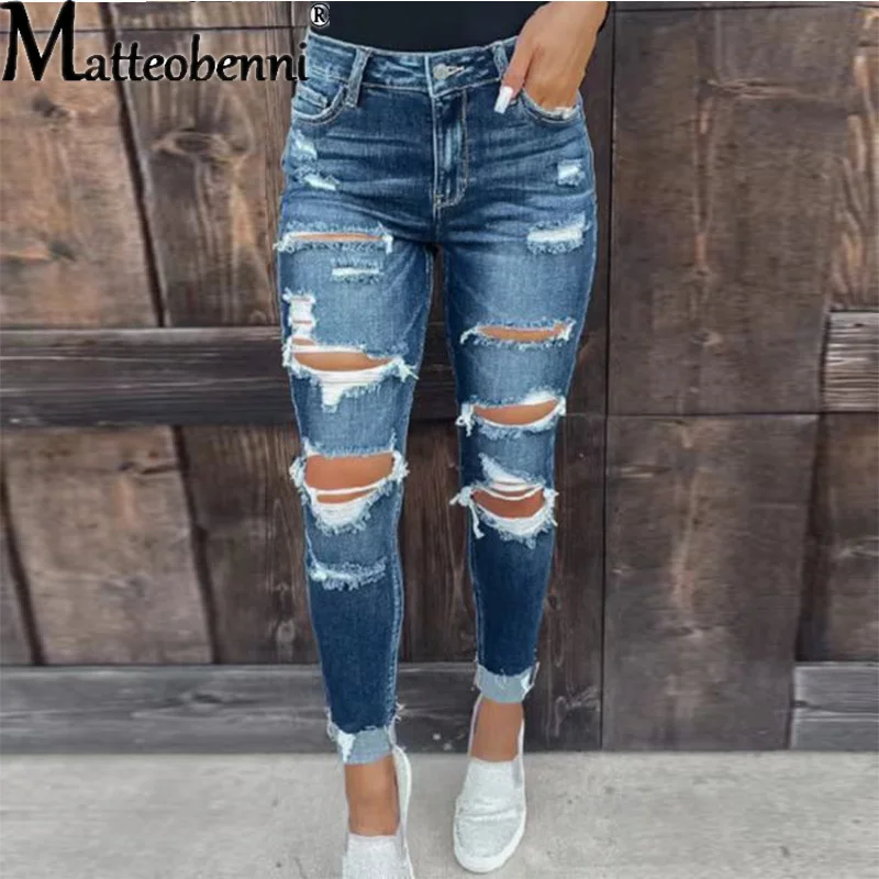 

Fashion Women Inside Splicing Checkered Fabric Jeans 2024 Vintage Broken Holes Pencil Trousers Casual Commuter Hip-lifting Pants