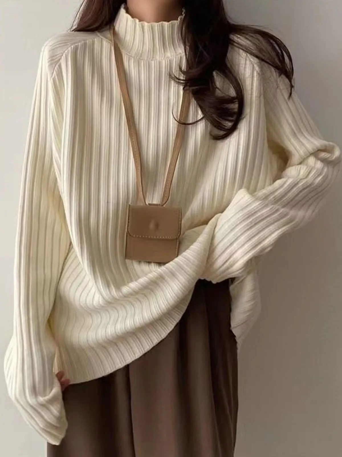 فضفاض محبوك أعلى f عالية طوق بسيط Sle Boting سترة الخريف الشتاء جديد وصول البطن تغطي الكاميرا الدافئة الناعمة