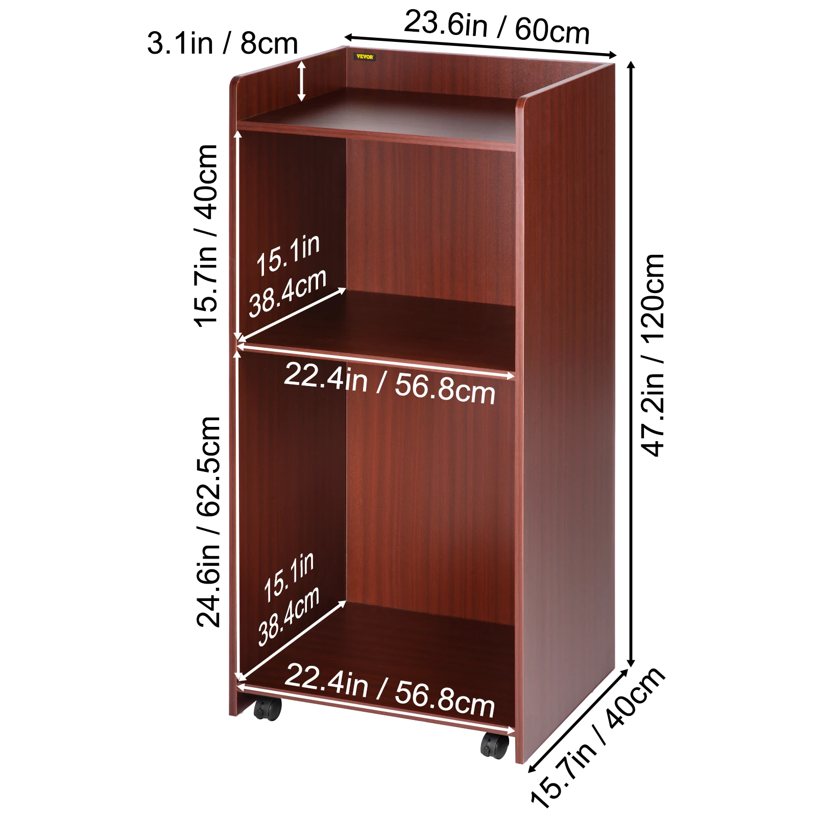 VEVOR podio in legno 2x4 FT lecsteres con 4 ruote girevoli piastra deflettore e ripiano facile montaggio noce per chiesa ufficio scuola casa
