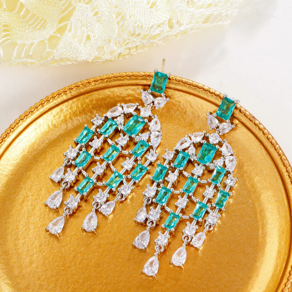 ThreeGraces Sweet Light Blue Cubic Zirconia Long Geometric Tassel Drop Earrings for Women Fashion Banquet Dinner Jewelry ER896