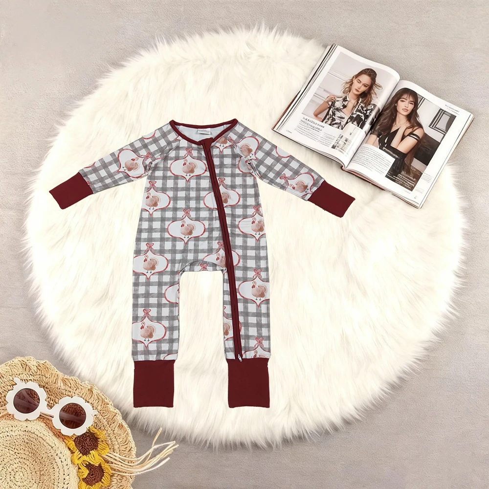 10.13 Baby Boys Winter Rompers Baby Boys Turkey Checked Thanksgiving Zipper Footie Rompers