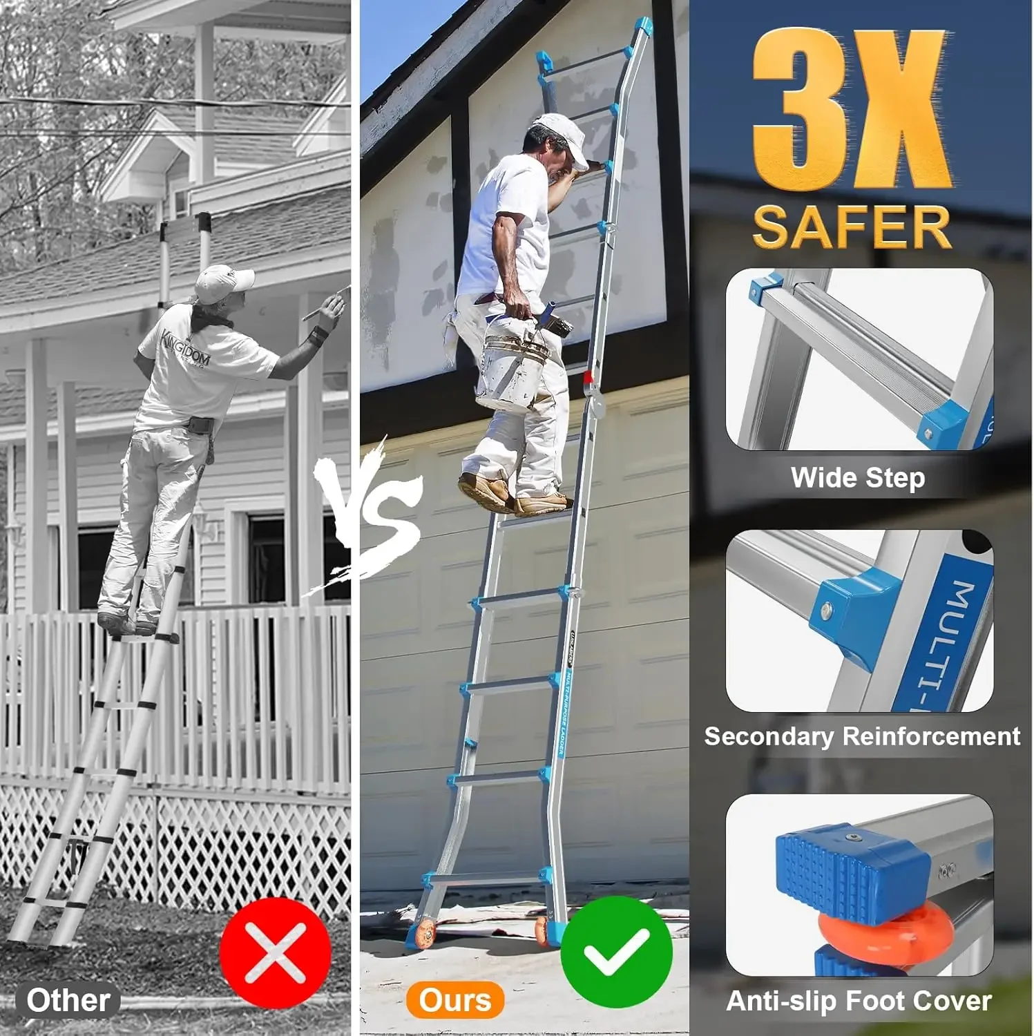 [New Arrival!]Ladder, A Frame 4 Step Ladder Telescoping Ladder, 17 Ft Reach Height Muti Position Folding Ladder Flared Leg & Whe