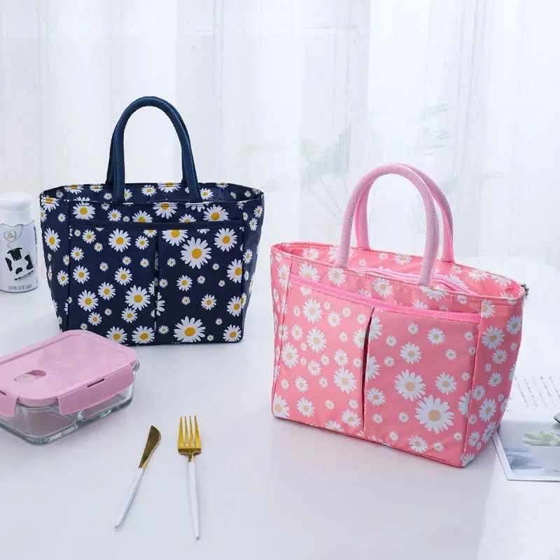 Daisy Print Cute Lunch Bag Thermal Insulation Large Capacity Portable Picnic Hangbag Office Lunch Box Bag Kids School Lunch Bags