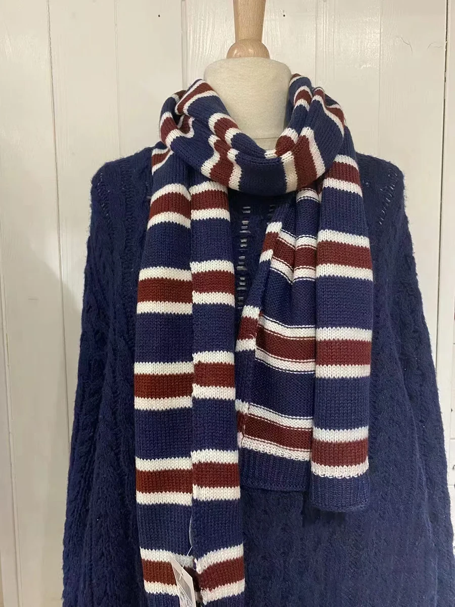 Navy Striped Knitted Warm Scarf Women Autumn Winter Unisex Thick Cotton Scarves Femme Vintage Sweet Preppy Style Shawl Hand Made