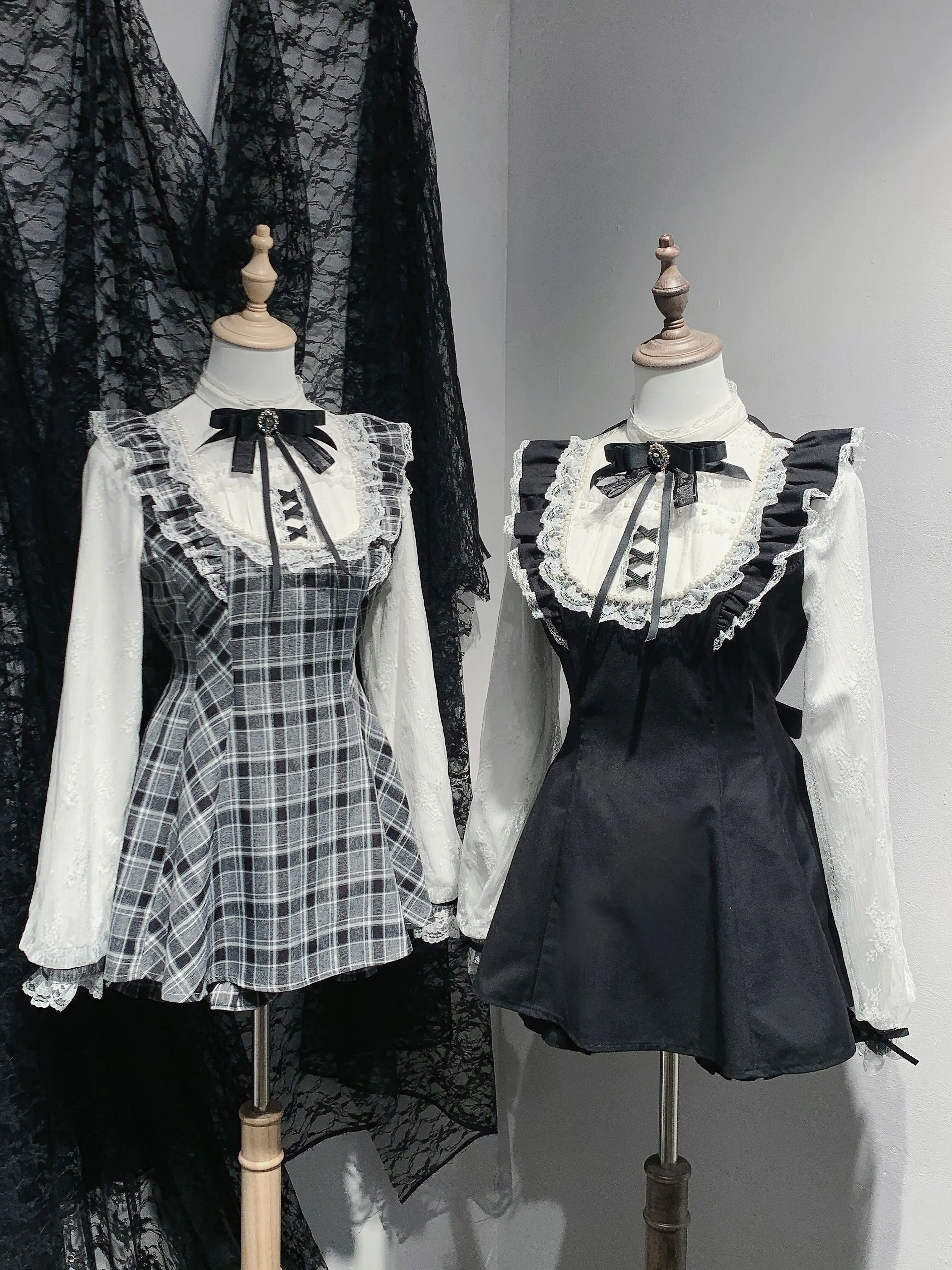 Minha de produção em massa vestido de manga longa conjunto feminino renda pérola arco xadrez topo e shorts conjuntos de duas peças lolita outfits primavera novo