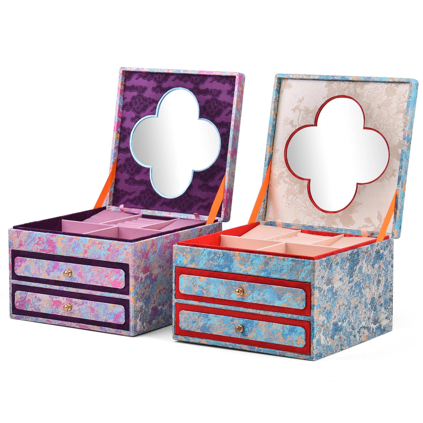 Chinese embroidered cloth three-layer drawer bracelet jewelry storage box necklace ring jewelry display box with mirror