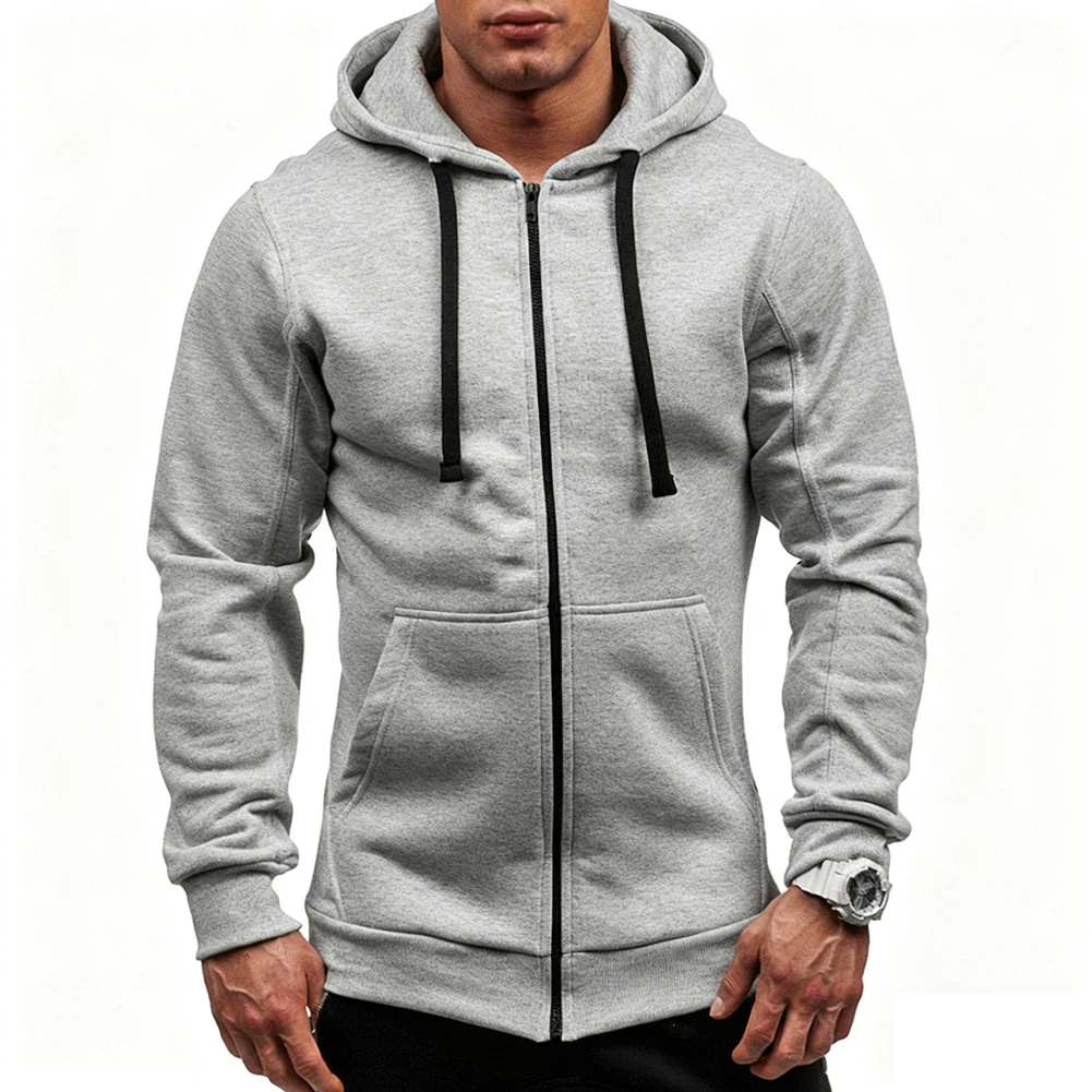 سترة بغطاء للرأس كاجوال للرجال مع سحاب أمامي وأكمام طويلة وخط عنق معطف بلون سادة مصمم للياقة البدنية الرياضية