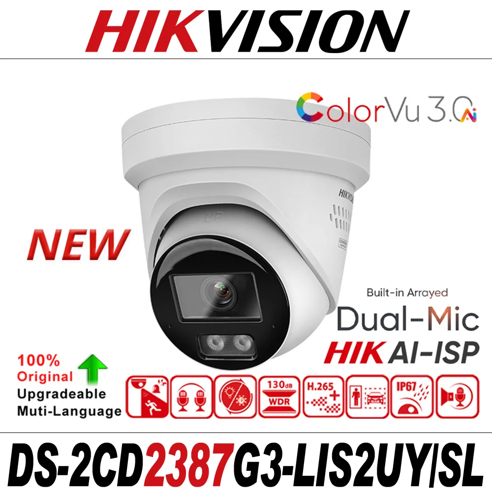 NOVA Hikvision DS-2CD2387G3-LIS2UY/SL 8MP Luz Híbrida Inteligente ColorVu Torre Câmera de Rede HikAI-ISP Áudio de 2 Vias Microfone Duplo Embutido