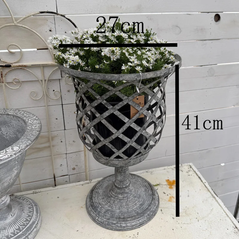 Vintage Garden Decor Metal Lattice Planter,Gray Distressed Pedestal Urn,Criss-Cross Pattern Flower Holder,16Inch Height
