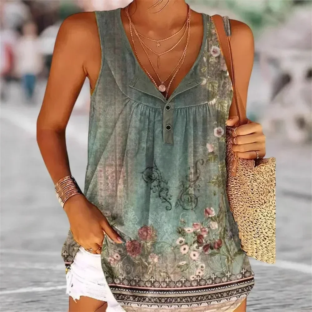 Women Bohemian Ethnic Printed Tank Top Summer V Neck Button Front Vintage Sleeveless Casual Soft Breathable Flattering Comfy New