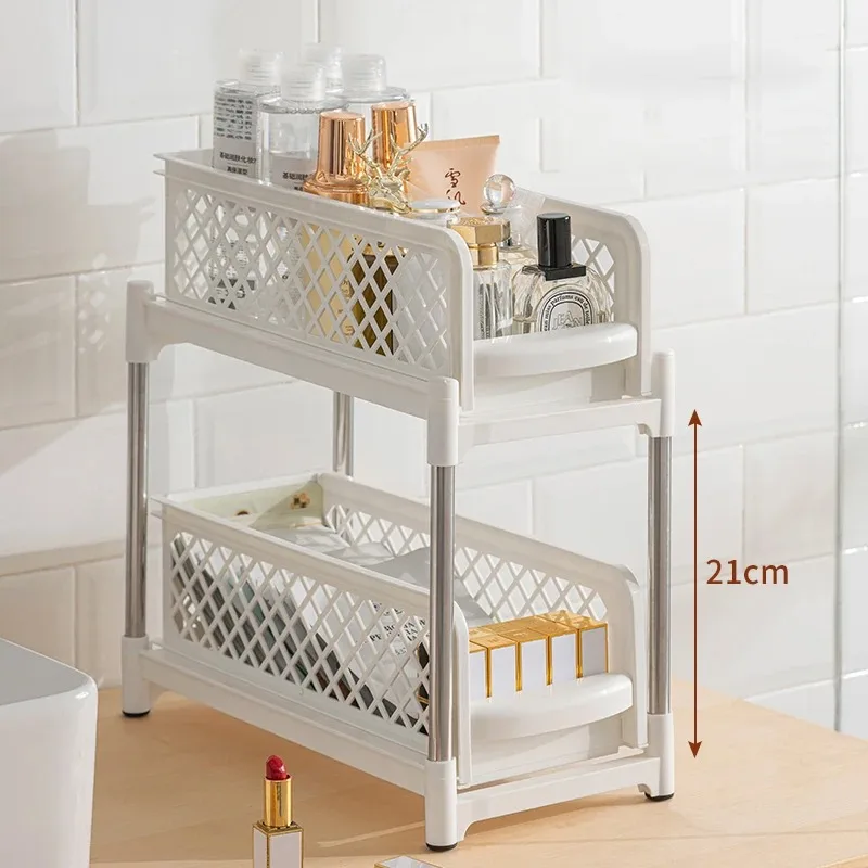 2 Layers Sliding Under Sink Organizer Kitchen Drawer Bathroom Storage Racks Multi-Use Handles Under Sink Cabinet Organizers