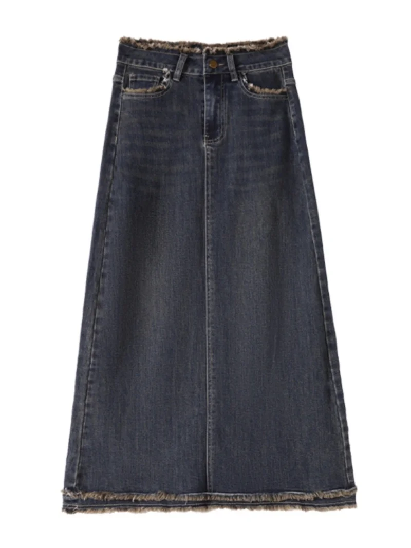 تنورة دينم نسائية عصرية جديدة لعام 2025، تنورة طويلة طويلة بخصر عالٍ على شكل حرف A مع تفاصيل هامشية، أنيقة وغير رسمية w1837